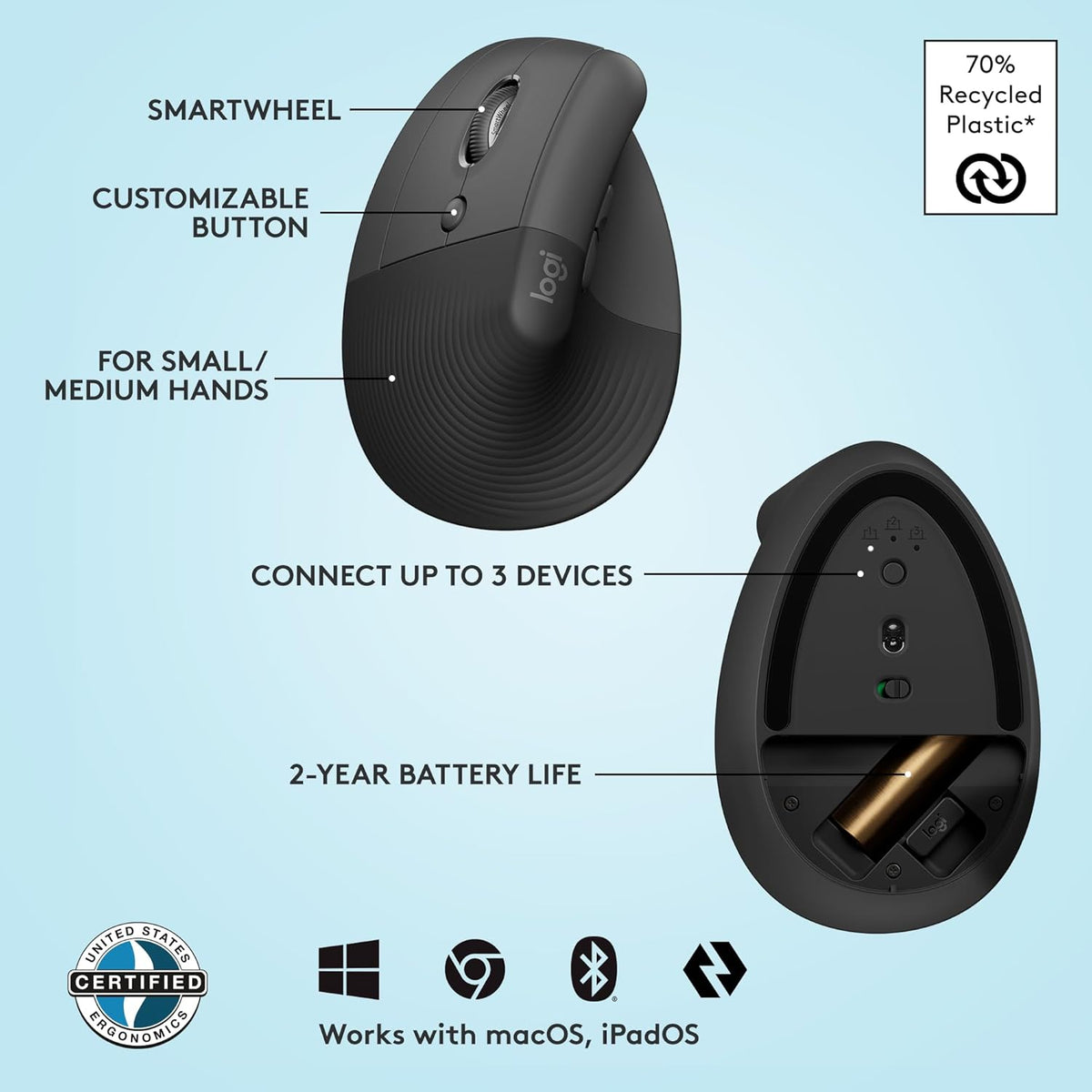 Logitech Lift Left Wireless Vertical Ergonomic Mouse