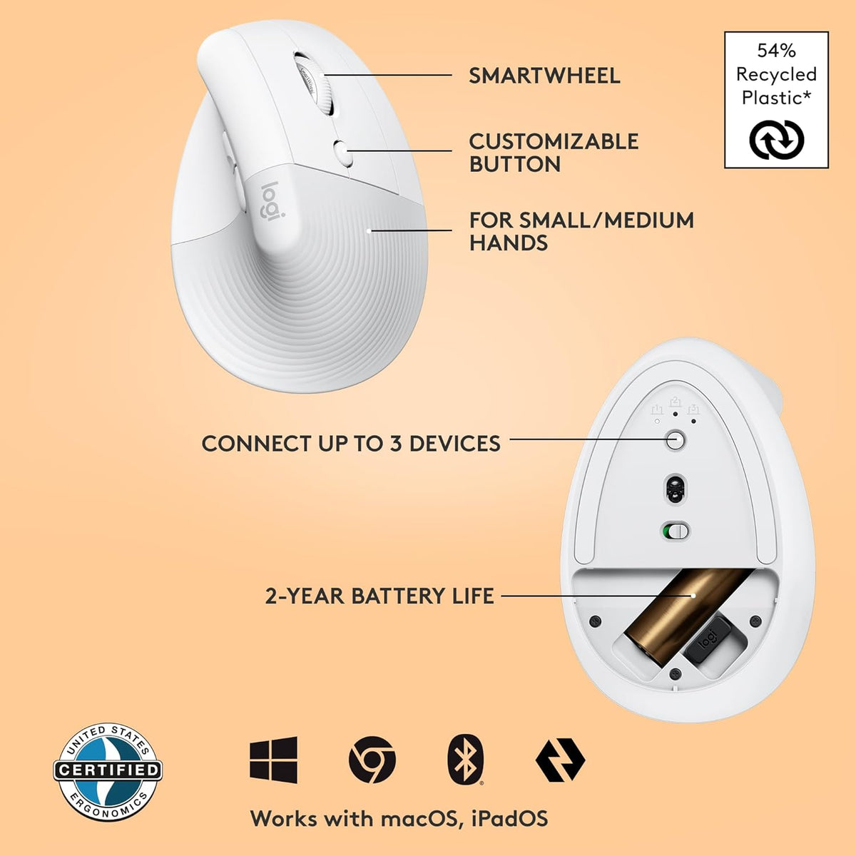 Logitech Lift Wireless Vertical Ergonomic Mouse - White