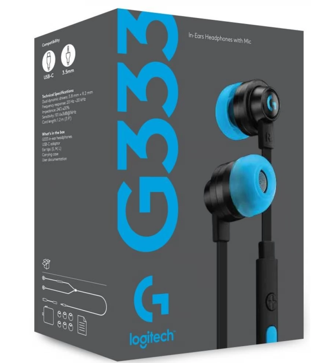 Logitech G333 In-Ear Gaming Earphones with Dual Drivers - Black