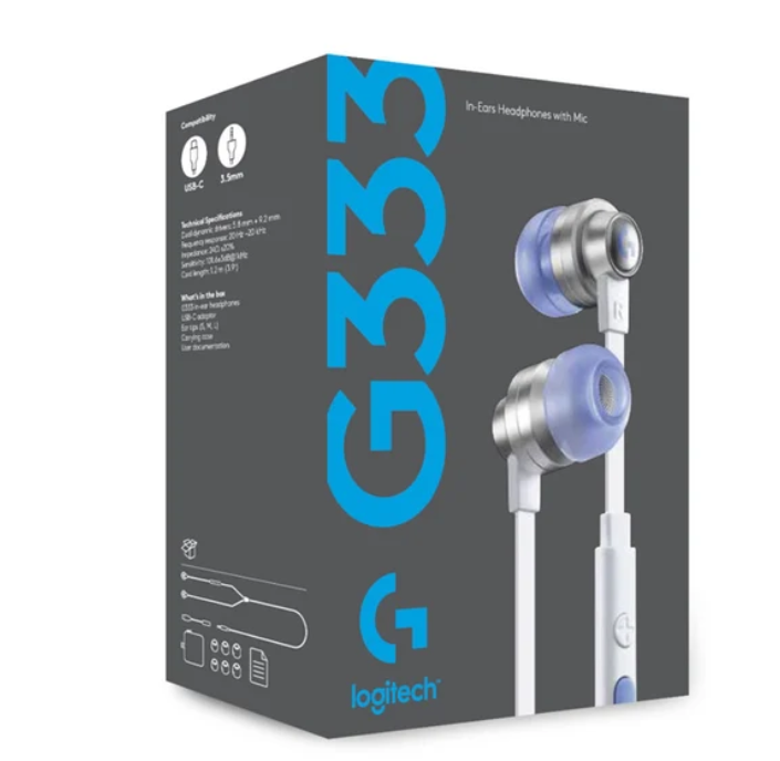 Logitech G333 In-Ear Gaming Earphones with Dual Drivers - White/Silver